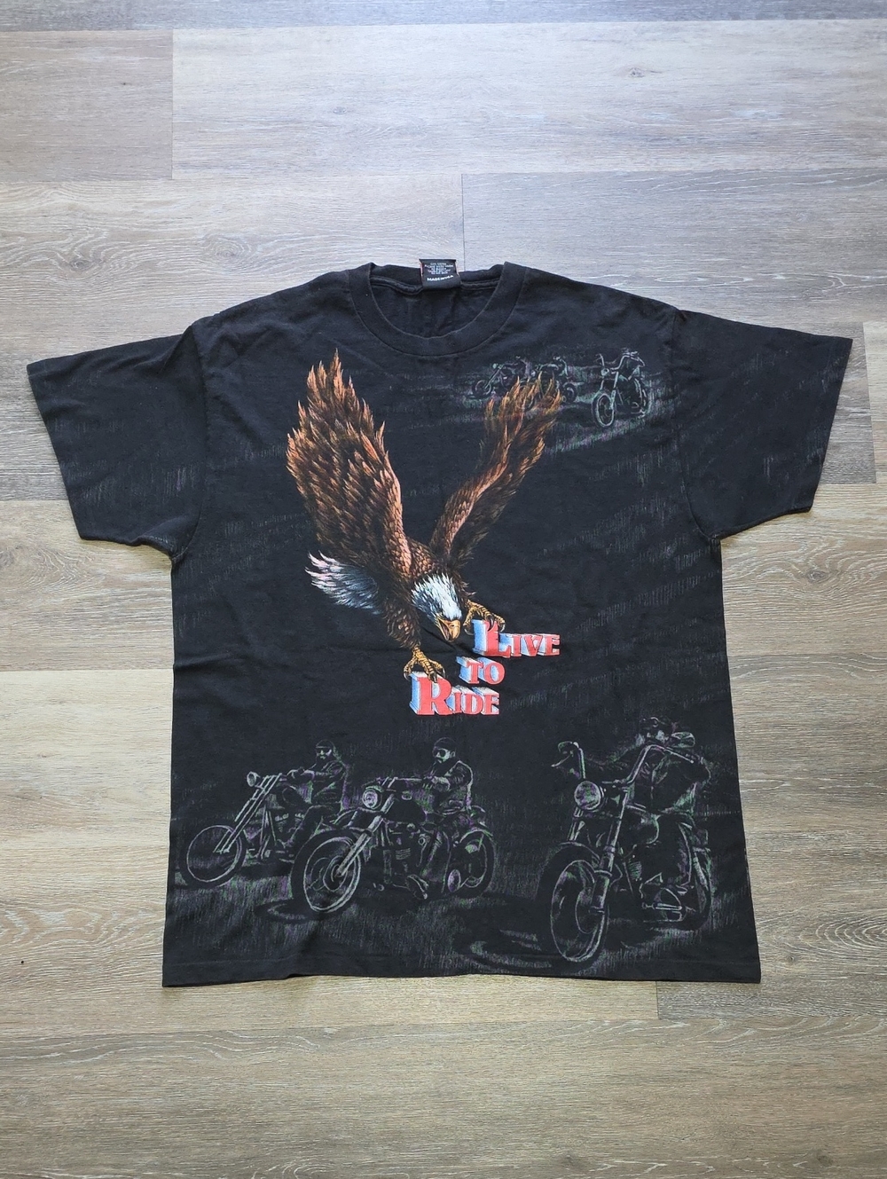 VNTG 90s 3D-Emblem Live To Ride Eagle Chopper AOP Grunge 100% Cotton Biker Tee L